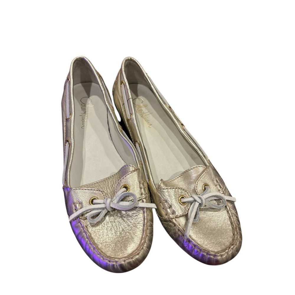 Cole Haan Tali Metallic Gold Boat Shoe Bow Leather Flats Women's Size 10 B - Picture 10 of 11